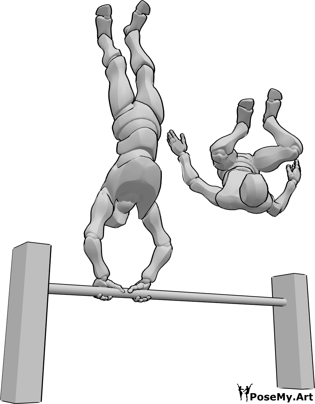 Pose Reference- Parkour exercising pose - Two males are exercising, one of them is handstanding on a barrier, the other one is doing a front flip
