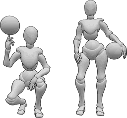 Referência de poses- Jogadoras de voleibol posam - Duas jogadoras de voleibol posam confiantes, segurando bolas de voleibol