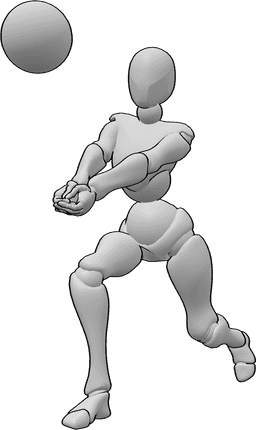 Referencia de poses- Postura de chichón de voleibol femenino - Jugadora de voleibol corriendo y pasando el balón con un golpe