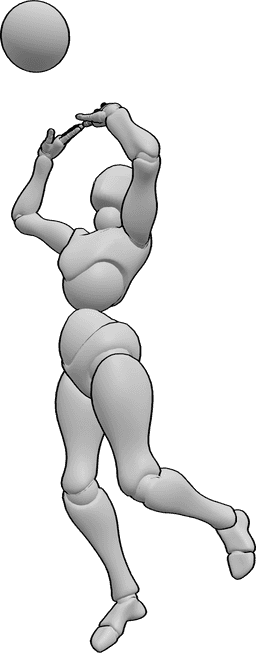 Posen-Referenz- Weibliche springende Volleyball-Pose - Eine Spielerin springt und schlägt den Ball mit beiden Handflächen über dem Kopf
