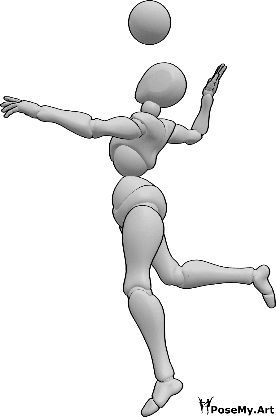 Pose Reference- Right hand volleyball pose - Female is jumping to hit the ball with one hand, hitting the volleyball with right hand