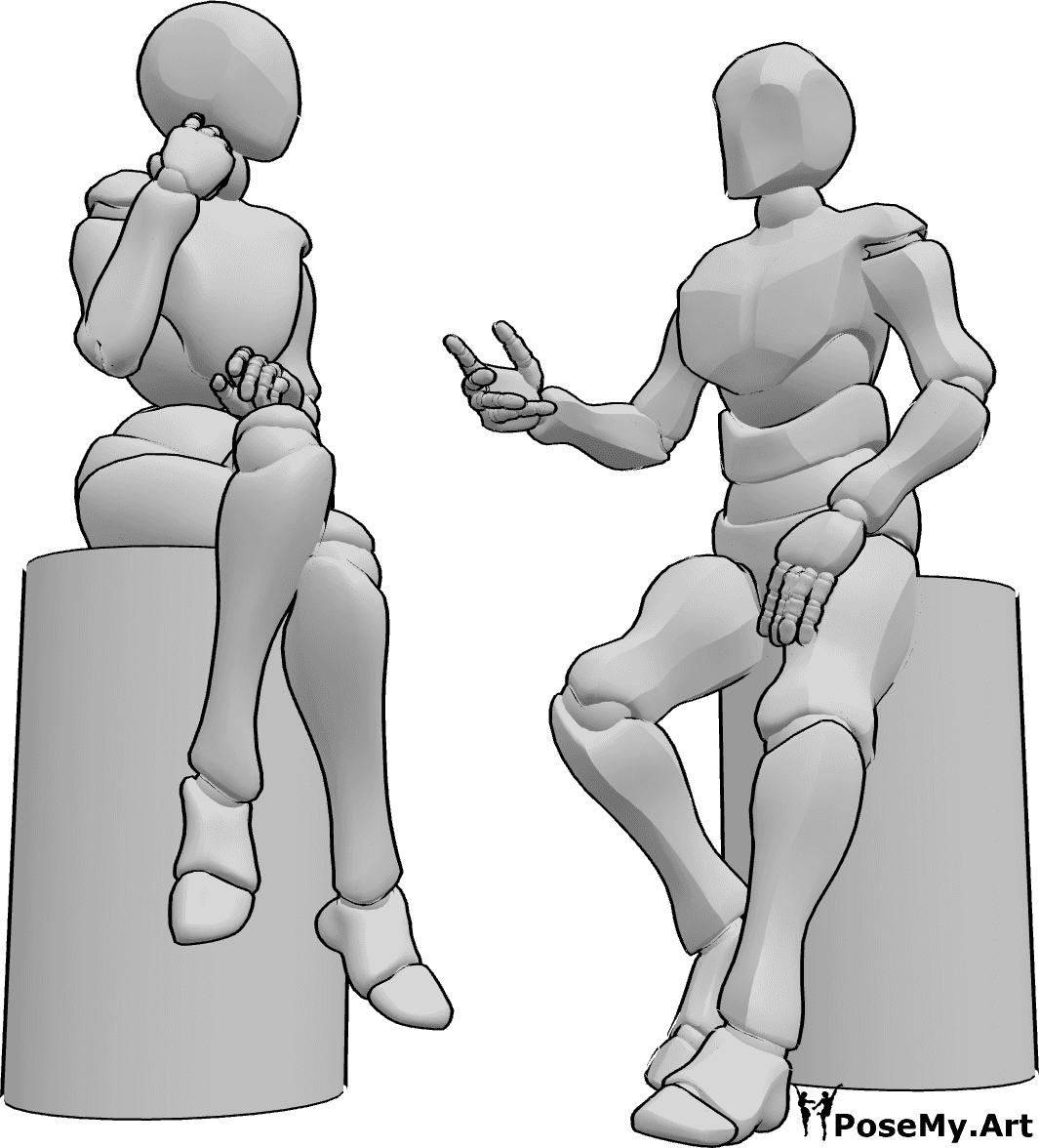 Pose Reference- Sitting talking flirting pose - Female and male are sitting on chairs and talking, flirting