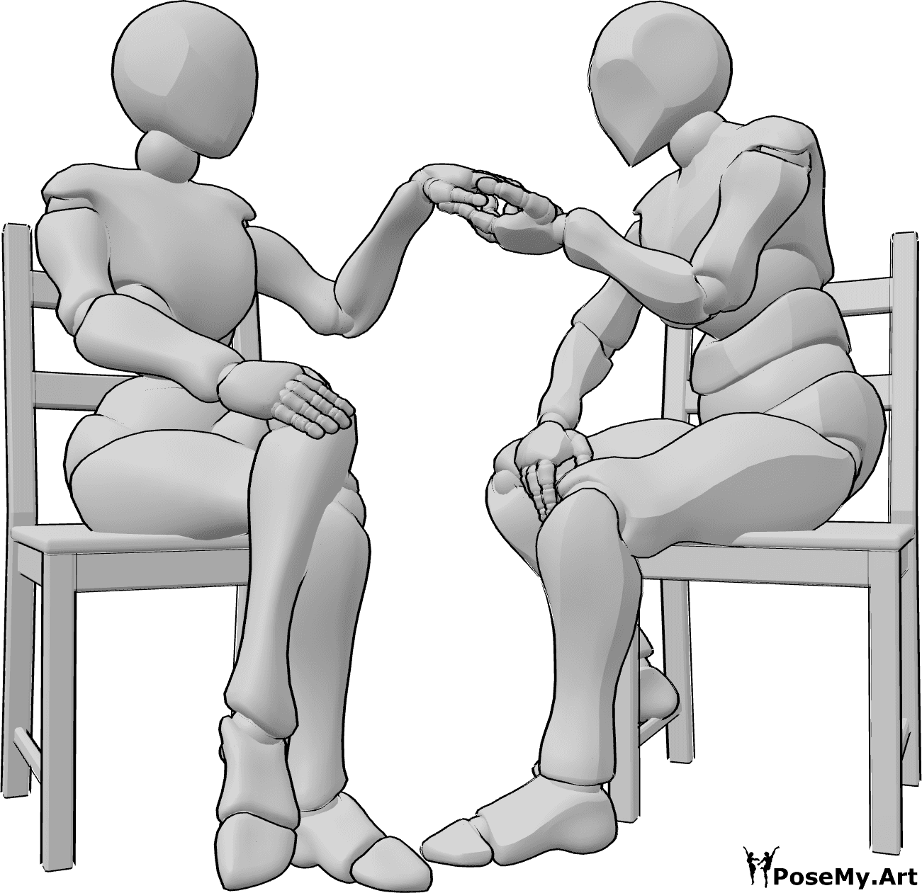 Pose Reference- Kissing hand pose - Female and male are sitting on chairs, the male is about to kiss the female's hand