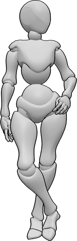 Référence des poses- Pose de poche de la main de la femme - La femme est debout, les jambes croisées, la main gauche dans la poche et regarde vers la gauche.