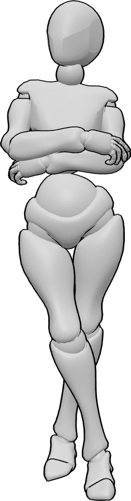 Posen-Referenz- Gekreuzte Beine Arme Pose - Frau steht mit gekreuzten Beinen und verschränkten Armen und blickt nach rechts