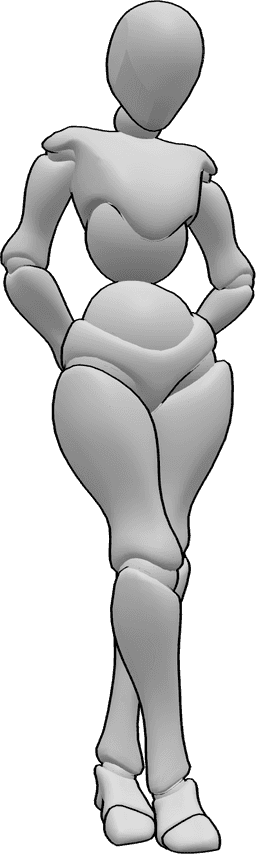 Posen-Referenz- Schüchterne Frau in stehender Pose - Das schüchterne Weibchen steht mit gekreuzten Beinen und schaut nach unten