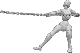Referencia de poses- Mujer de pie tirando de la pose - La mujer está de pie y tira de la cadena con las dos manos