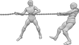 Referencia de poses- Dos machos tirando de pose - Dos hombres están de pie y tiran de una pesada cadena con las dos manos