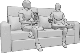 Referencia de poses- Varones sentados pose de conversación informal - Dos varones están sentados en un sofá y hablando, manteniendo una conversación informal