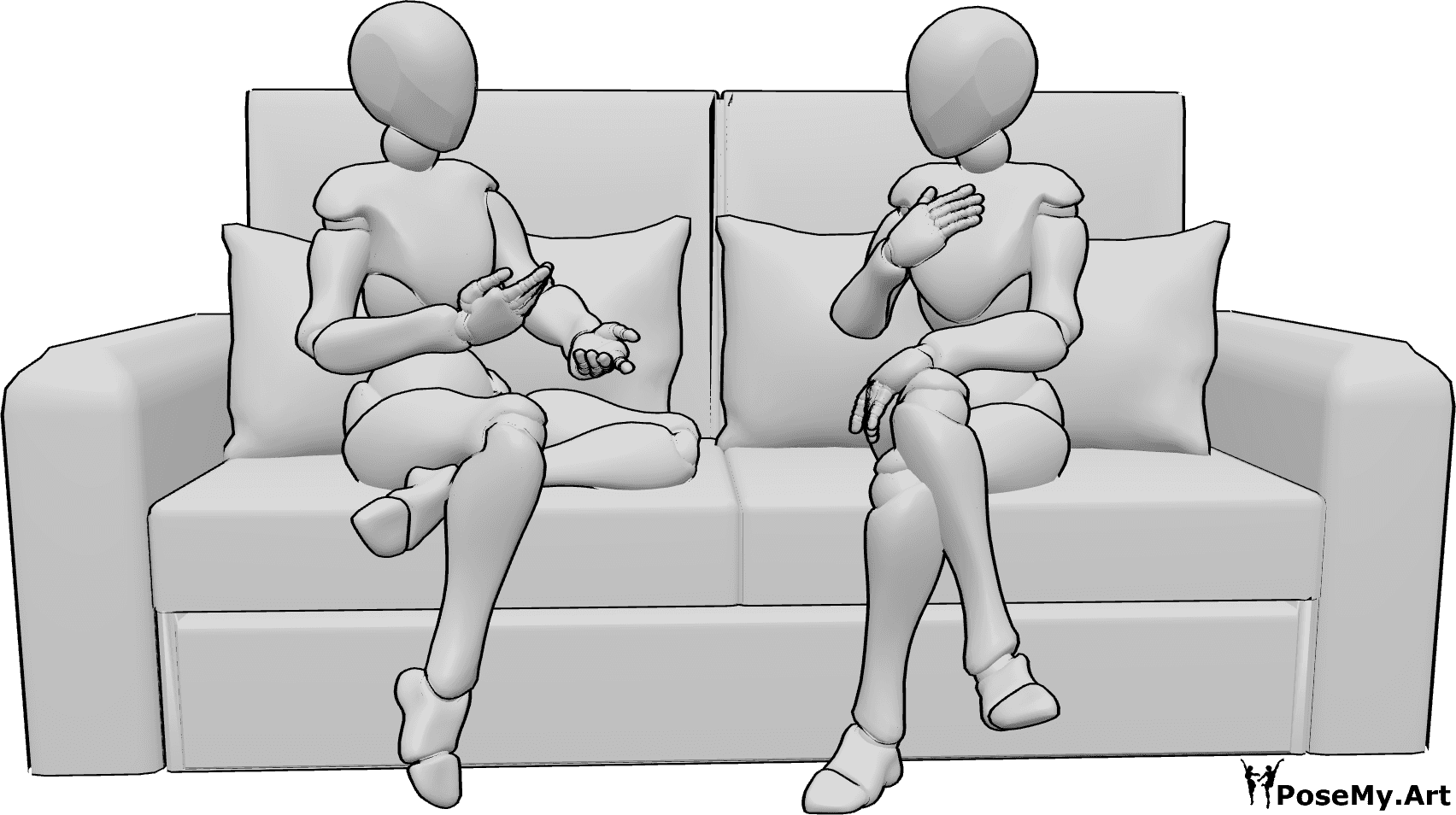Pose Reference- Females sitting casual conversation pose - Two females are sitting on a couch and talking, having a casual conversation