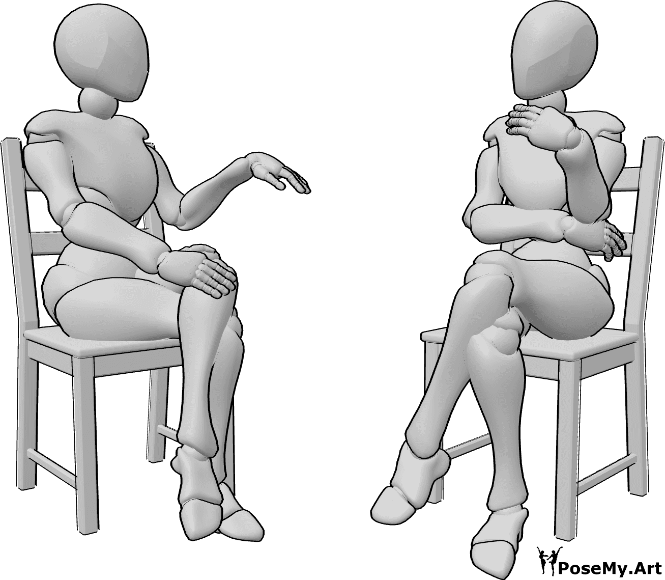 Pose Reference- Two females gossiping conversation pose - Two females are sitting on chairs and talking, gossiping, having a conversation