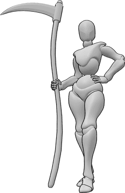 Referencia de poses- Postura femenina con guadaña - Mujer de pie con la mano izquierda en la cadera y sosteniendo una guadaña en la mano derecha.