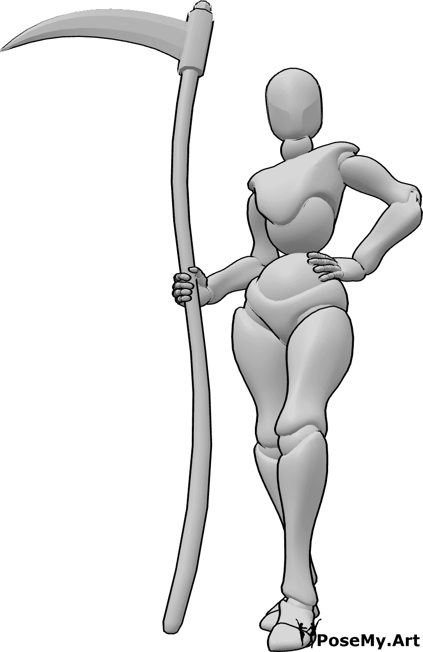 Pose Reference- Female scythe pose - Female is standing with her left hand on her hip and holding a scythe in her right hand