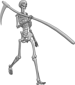 Referencia de poses- Esqueleto guadaña caminando pose - El esqueleto camina despreocupadamente con una enorme guadaña