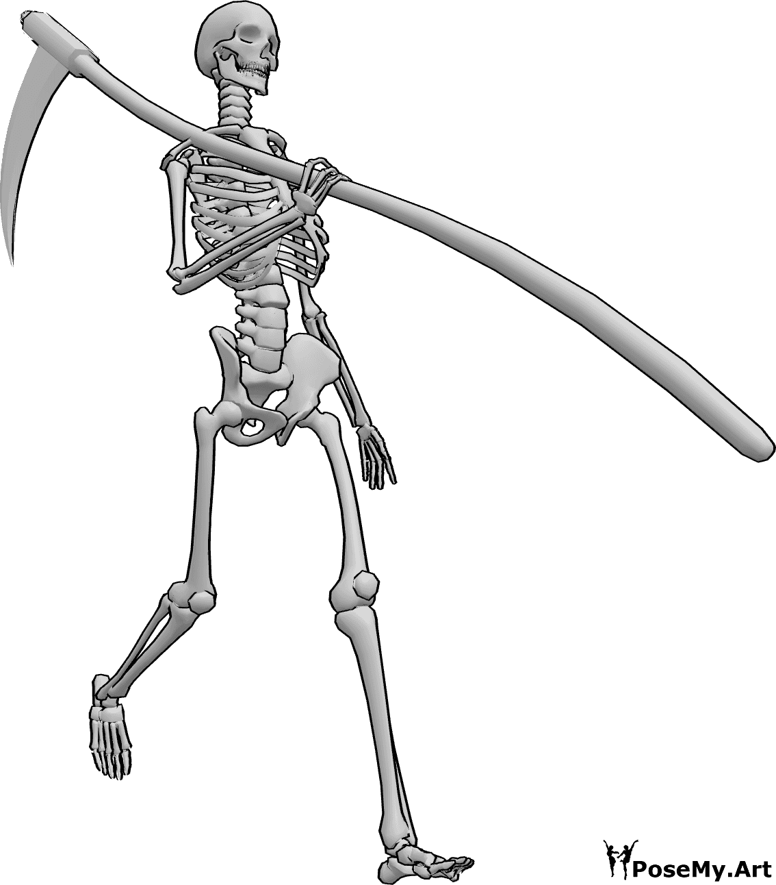 Pose Reference- Skeleton scythe walking pose - Skeleton is walking casually with a huge scythe