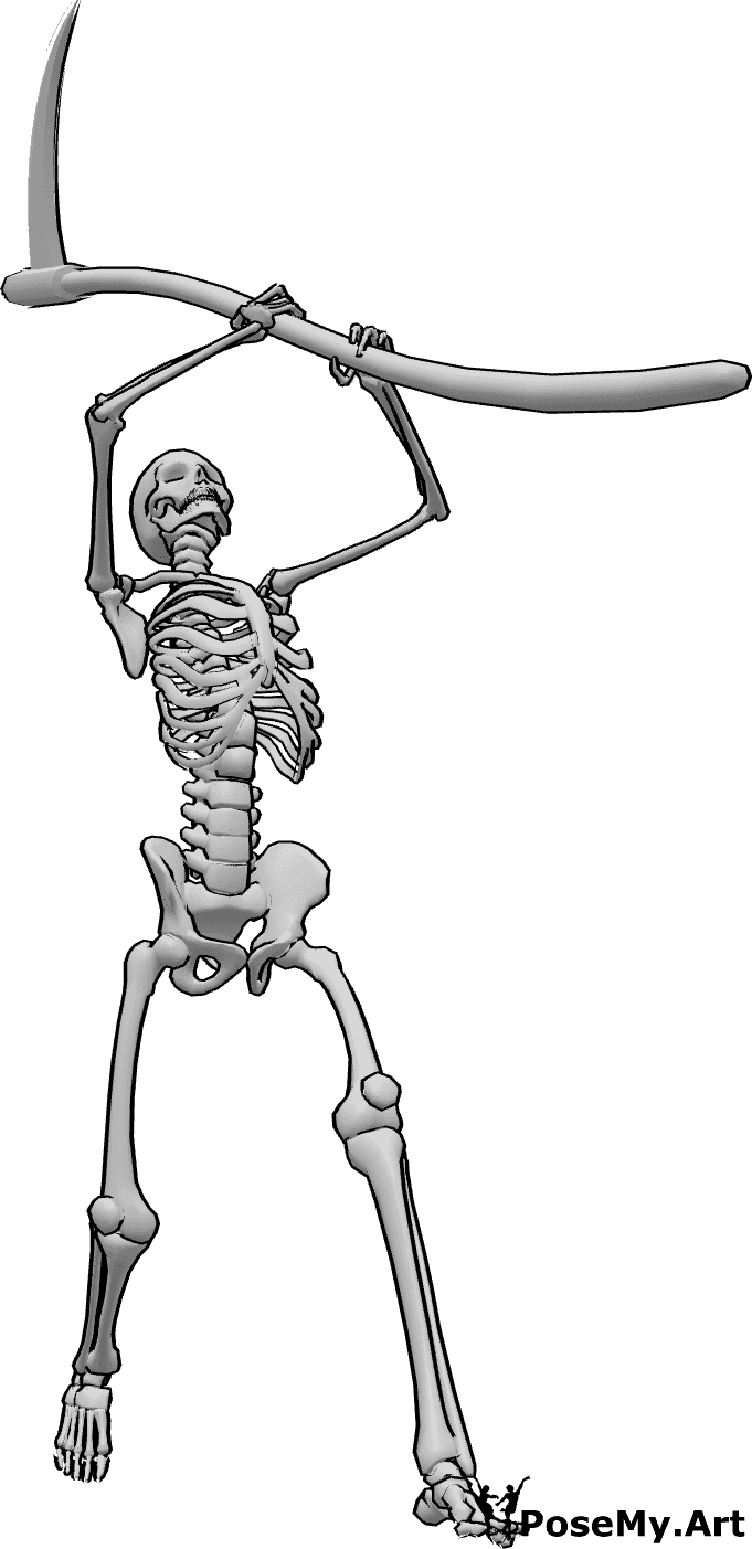 Pose Reference- Skeleton scythe strike pose - Skeleton is about to strike with his scythe, swinging the scythe upwards