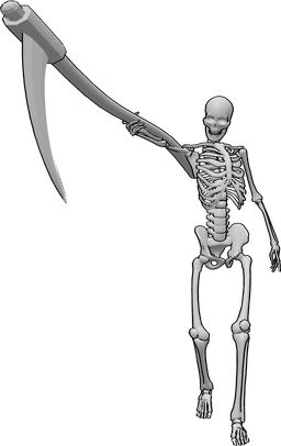 Référence des poses- Flèche squelette pointant la gpose - Le squelette est debout et pointe du doigt sa faux dans la main droite.