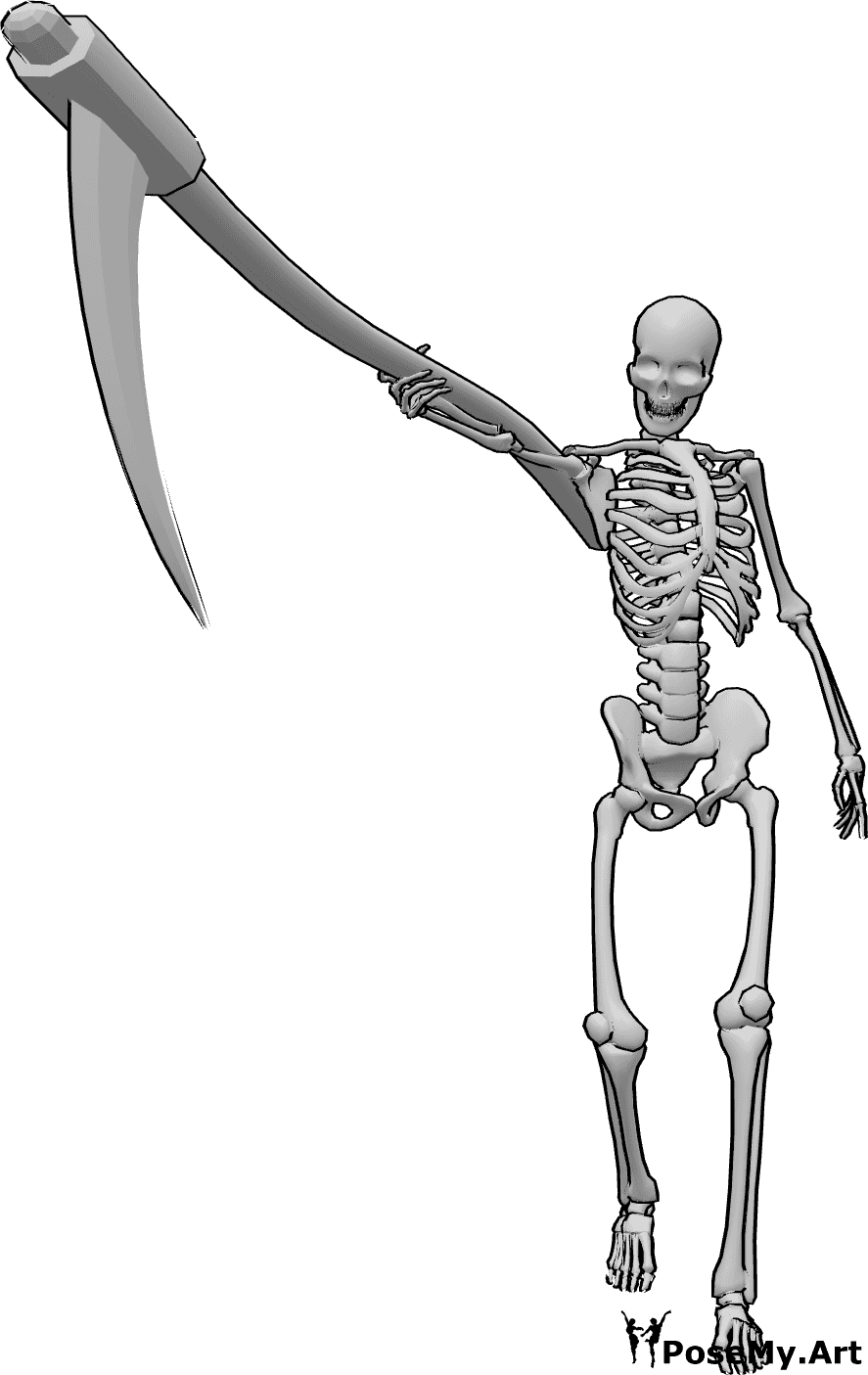 Pose Reference- Skeleton scythe pointing gpose - Skeleton is standing and pointing with his scythe in his right hand