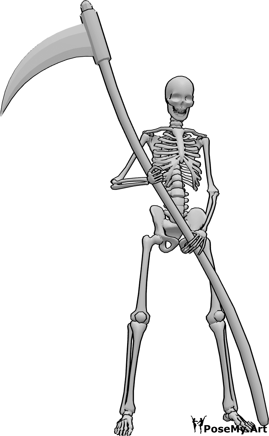 Pose Reference- Skeleton scythe holding pose - Skeleton is standing and holding his scythe and waiting for something