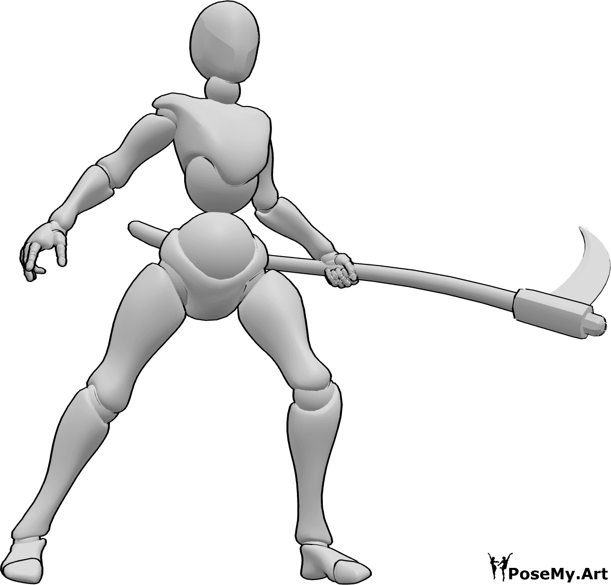 Pose Reference- Female fighter scythe pose - Female is standing with a scythe in her left hand, ready to fight