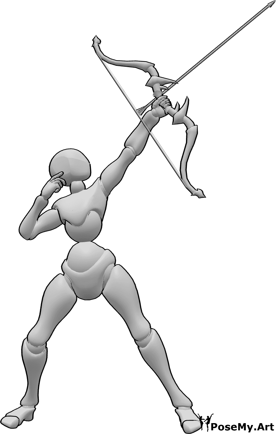 Pose Reference- Female shooting upwards pose - Female is standing and shooting her arrow upwards with the bow in her left hand
