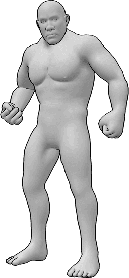Référence des poses- Pose debout en colère - Le mâle Brute se tient debout, en colère, les mains serrées en poings.
