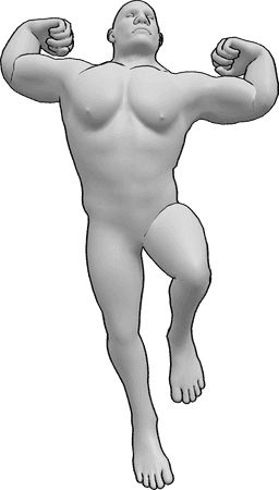 Referência de poses- Saltar mostrando a pose dos músculos - O macho bruto está a saltar alto no ar e a mostrar os seus músculos