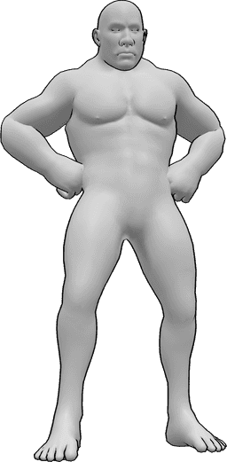 Référence des poses- Brute, homme, pose debout - L'homme brut est debout, ses mains sont sur ses hanches, serrées en poings.