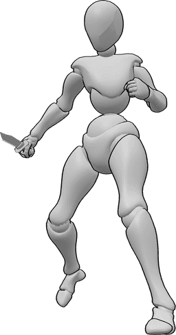 Riferimento alle pose- Posa femminile con pugnale - Donna che attacca con un pugnale, trafiggendolo con la mano destra