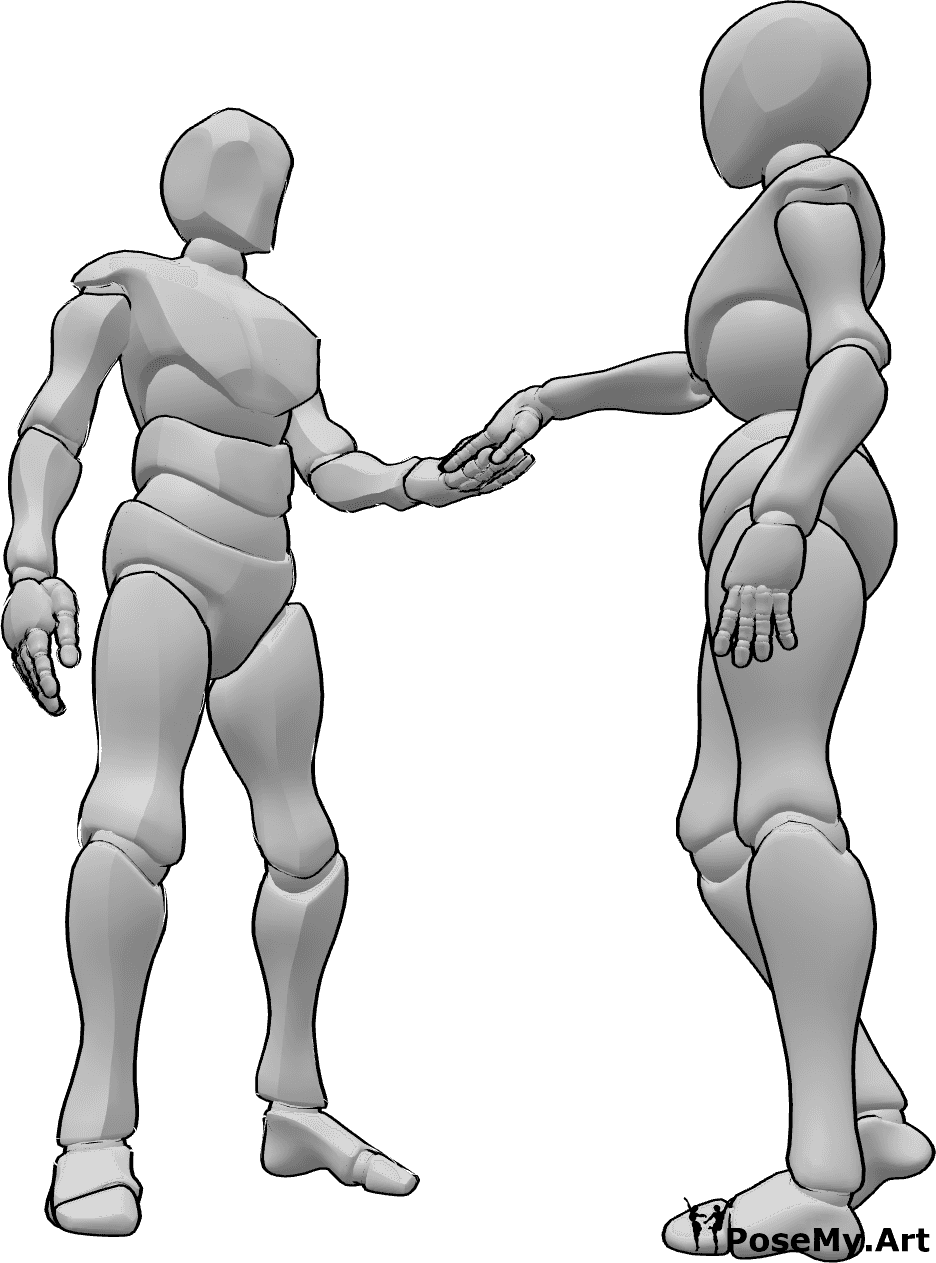 Pose Reference- Romantic holding hand pose - Female and male are standing, the male is holding the female's hand and looking at each other