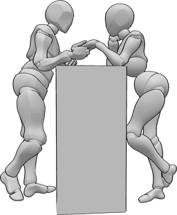 Referencia de poses- Besamanos romántico - Mujer y hombre están de pie, apoyados en una mesa, el hombre está a punto de besar la mano de la mujer