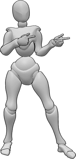 Posen-Referenz- Weibliche Pose nach links - Die Frau steht und zeigt mit den Zeigefingern beider Hände nach links