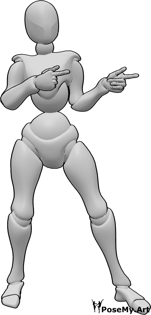 Pose Reference- Female pointing left pose - Female is standing and pointing with index fingers with both hands to the left