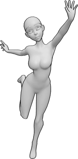 Referência de poses- Pose de mão de anime feliz - Uma mulher anime feliz está a saltar alto e a levantar as mãos