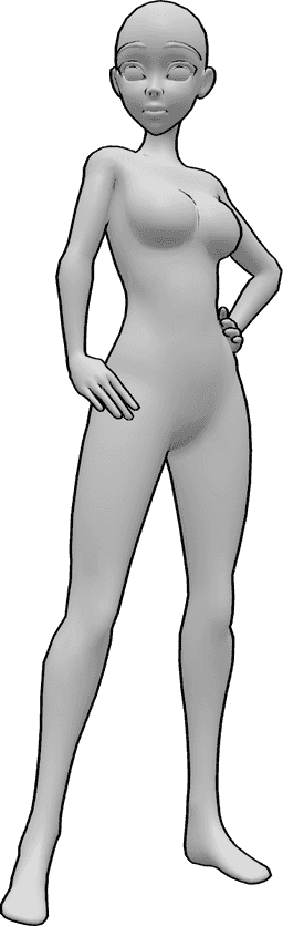 Referencia de poses- Anime manos caderas pose - Mujer anime de pie con las manos en las caderas y mirando a la derecha