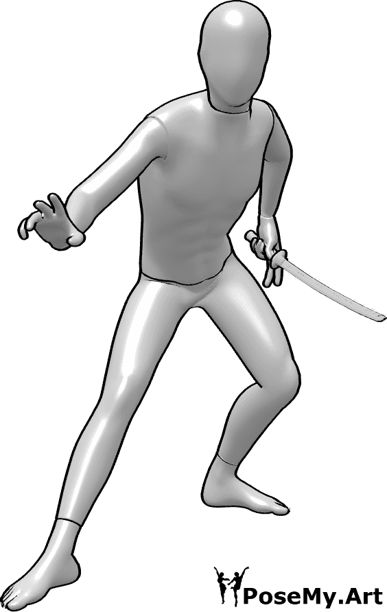 Pose Reference- Ninja leaning pose - Ninja leaning forward while holding a katana sword pose