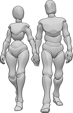 Riferimento alle pose- Posa femminile maschile a piedi - Donna e uomo camminano e si tengono per mano