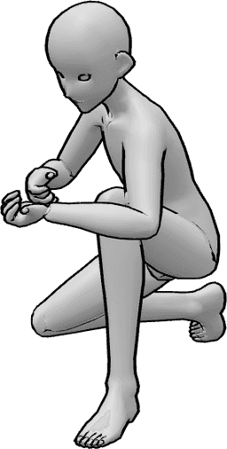 Referência de poses- Pose de ajoelhamento com espingarda - Homem de base anime ajoelhado enquanto segura uma pose de espingarda