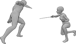 Référence des poses- homme femme combat kunai katana - Un homme et une femme se battent avec un kunai et un katana