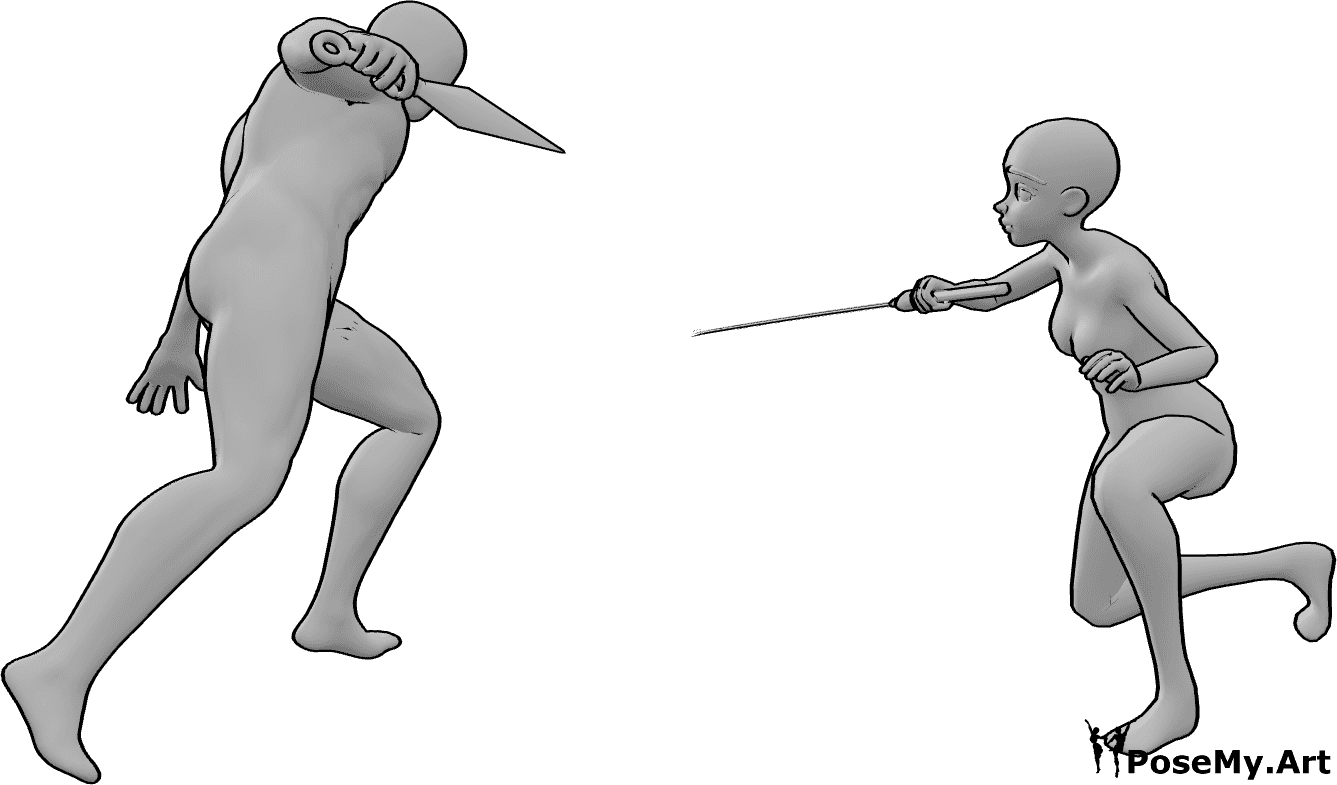 Pose Reference- man woman fight kunai katana - man and woman fight with kunai and katana