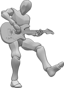 Riferimento alle pose- Uomo che balla giocando in posa - Maschio sta sollevando la gamba sinistra, ballando mentre suona la chitarra elettrica, chitarra elettrica disegno di riferimento