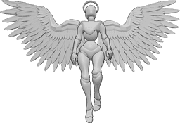 Riferimento alle pose- Posa di angelo femminile in volo - Angelo femminile con aureola e ali sta volando, guardando verso l'alto, riferimento disegno angelo