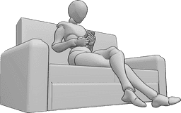 Posen-Referenz- Sitzend Telefon haltende Pose - Frau sitzt mit gekreuzten Beinen auf der Couch und hält ihr Telefon mit beiden Händen