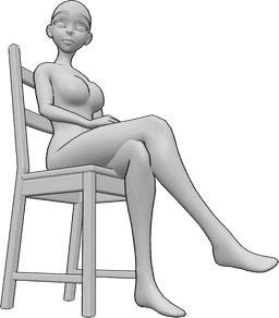 Posen-Referenz- Anime weiblich sitzende Pose - Anime-Frau sitzt mit gekreuzten Beinen auf dem Stuhl und schaut nach rechts