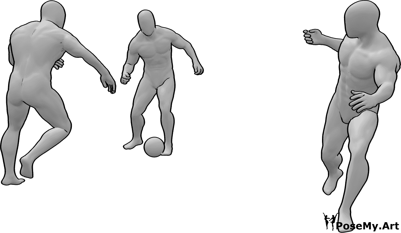 Pose Reference- three men playing soccer - three men playing soccer