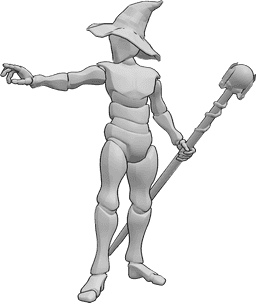 Referência de poses- Pose de feitiço de feiticeiro - Homem feiticeiro de pé, segurando um bastão na mão esquerda e lançando um feitiço com a mão direita
