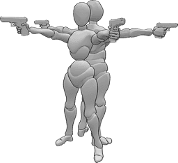 Referencia de poses- Pistolas femeninas masculinas posan - Mujer y hombre espalda contra espalda con armas de fuego posan
