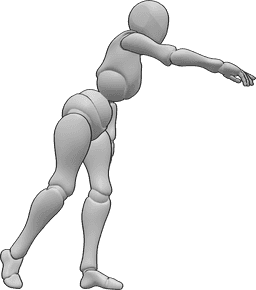 Referencia de poses- Postura a la altura de la cintura - Una mujer coge algo a la altura de la cintura, se inclina hacia delante y extiende la mano derecha.