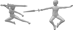 Referência de poses- Pose de luta aérea de anime - Uma mulher e um homem de anime estão a lutar no ar com uma pose de espadas