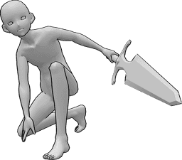Referência de poses- Pose de espada masculina de anime - Homem anime ajoelhado com uma pose de espada